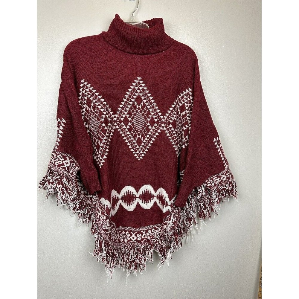 AZ Cape Poncho With Sleeves Red With Boho Aztec Design